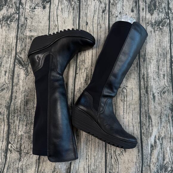 Fly London Black Leather Knee High Wedge Boots EU38/ US7-7.5 - Picture 3 of 12
